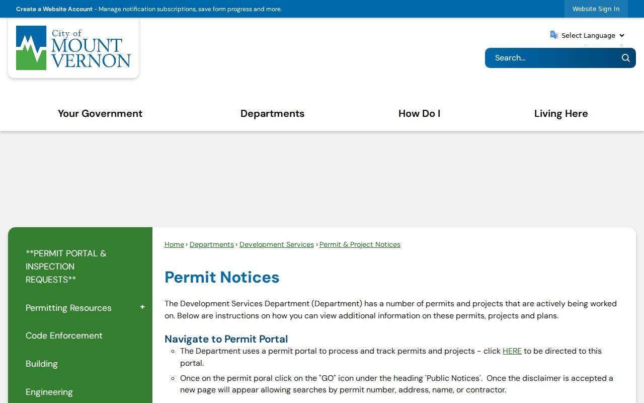 Mount Vernon permit and project notice search page